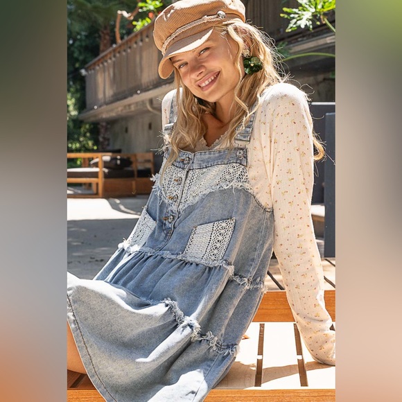 POL Denim Overall Dress Bohemian Frayed Details - Picture 4 of 10